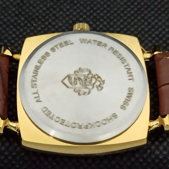 Vintage 1969 Henri Sandoz Mens Gold Watch W/Leather Strap & White Face Brown Acn - Picture 8 of 9